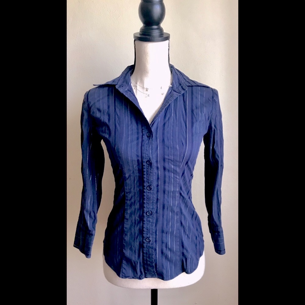 Navy Blue & Silver Striped Stretch 3/4 Sleeves Button Up Top, XS